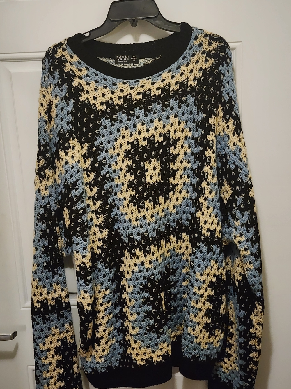 Boohoo Man  Crochet-Style Crewneck Sweater in Blue, Black & Cream - Picture 3 of 10